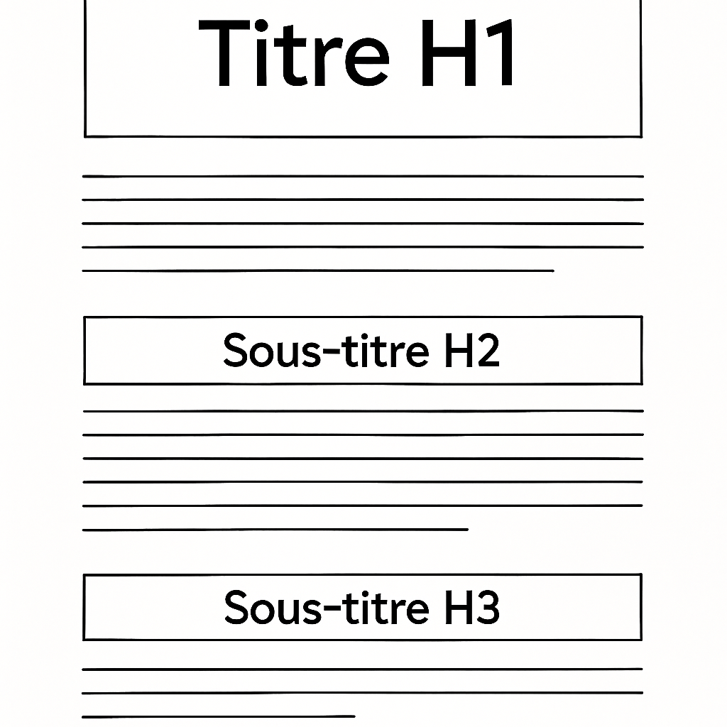 Schéma de la structure d'une page optimisée pour le SEO, montrant la hiérarchie des balises de titre H1, H2 et H3.