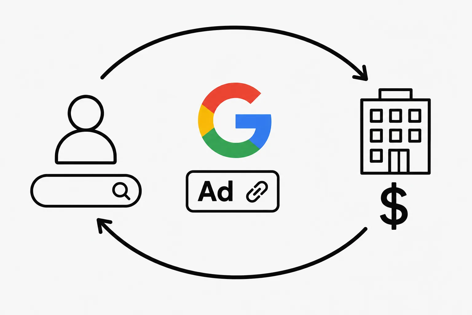 Diagram explaining the Google Ads business model: a user searches, Google shows an ad, the advertiser pays Google.