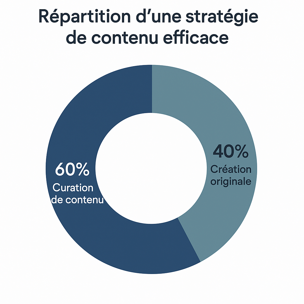Diagramme circulaire illustrant l'équilibre recommandé dans une stratégie de contenu : 60% de curation et 40% de création originale.
