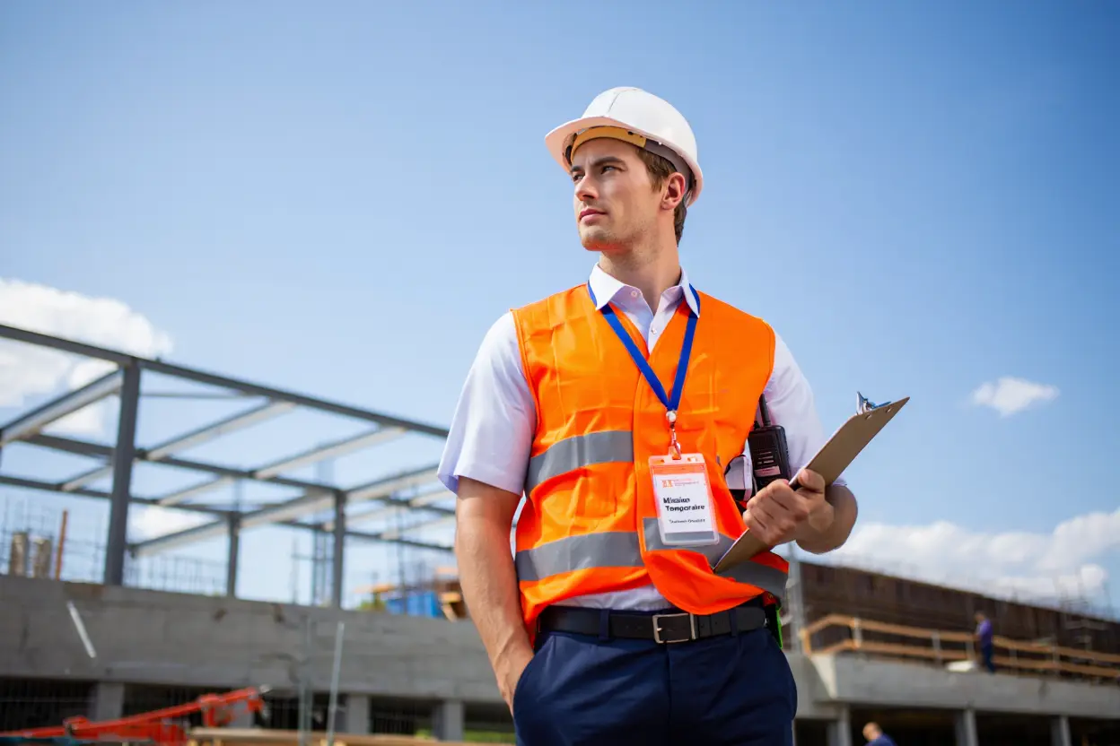 Travailleur sur chantier portant gilet orange et casque blanc, visi­blement en mission, tenant un carnet et un badge d’identification. travailleur détaché def intégré naturellement.