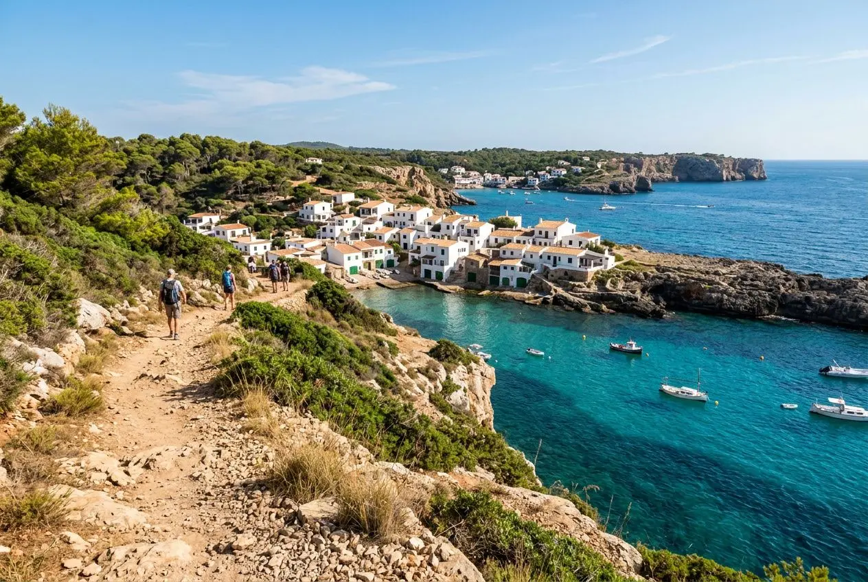 Paysage côtier avec villages d'hébergement le long du Camí de Cavalls