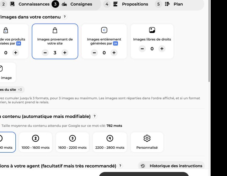Étape Consignes avec les cartes de types d’images et les paliers de taille du contenu recommandés par Alya
