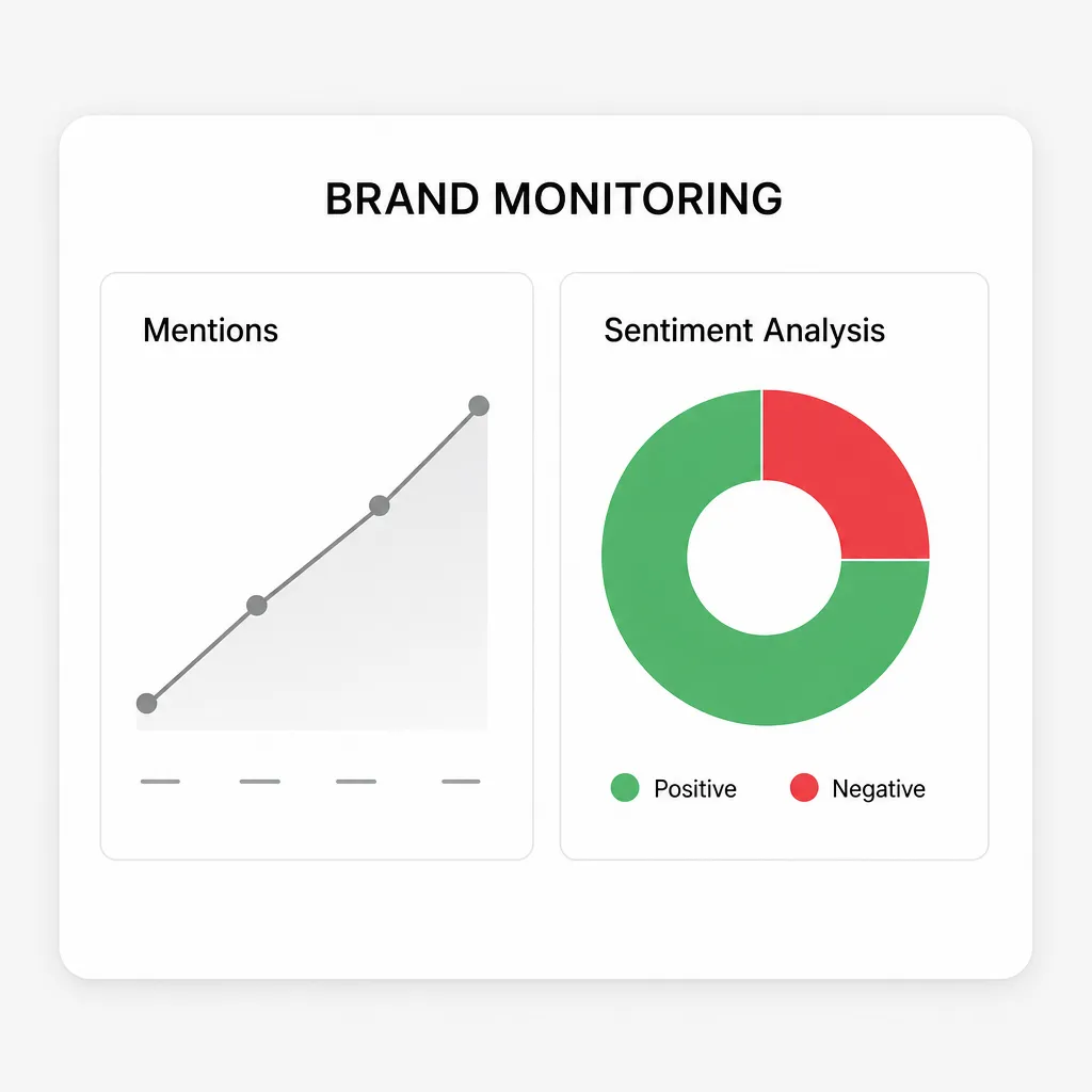 Online reputation monitoring dashboard showing a mentions chart and a sentiment analysis donut.
