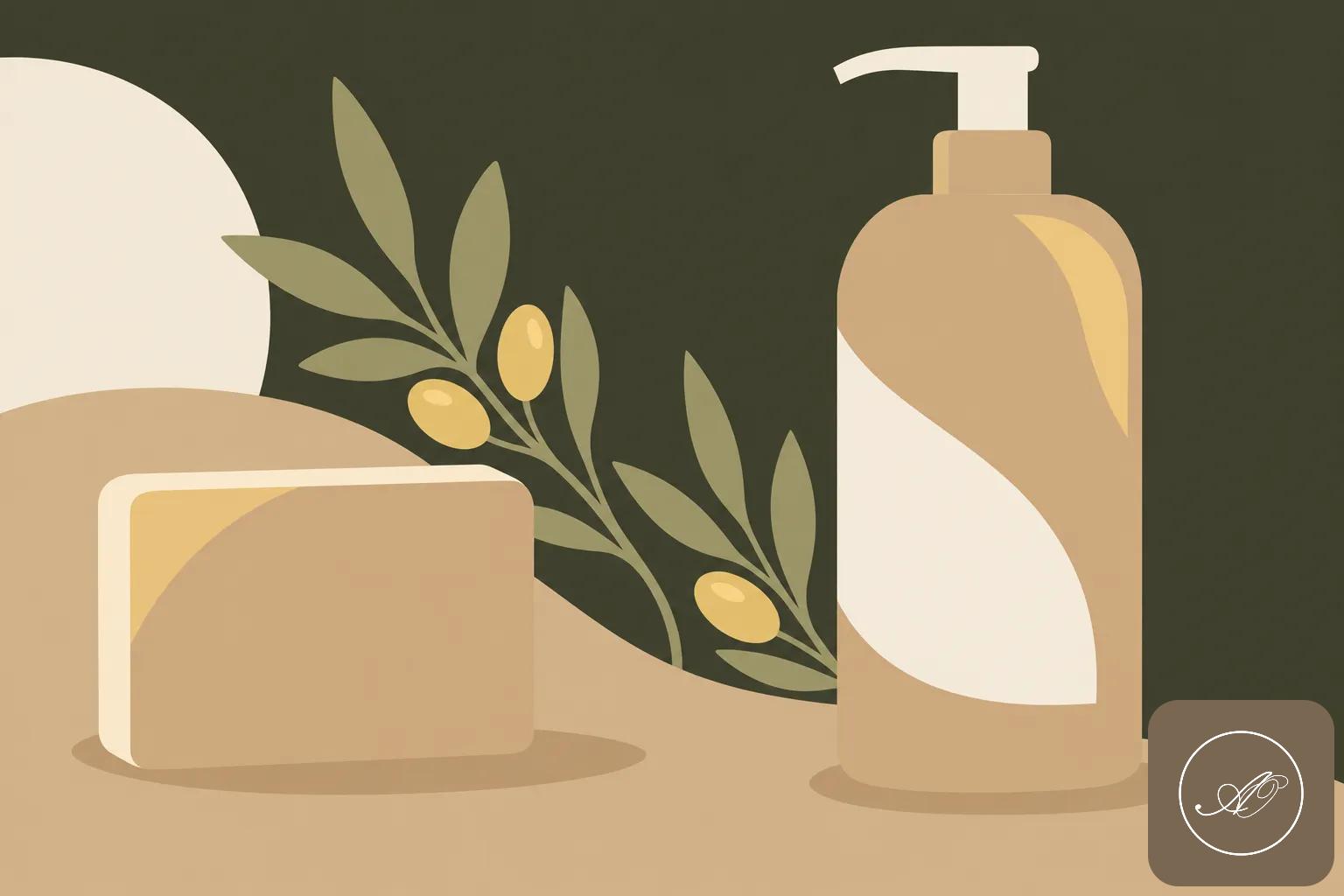 Savon et flacon de produit coiffant solide et liquide posés sur une surface, avec des branches et des olives en arrière-plan.