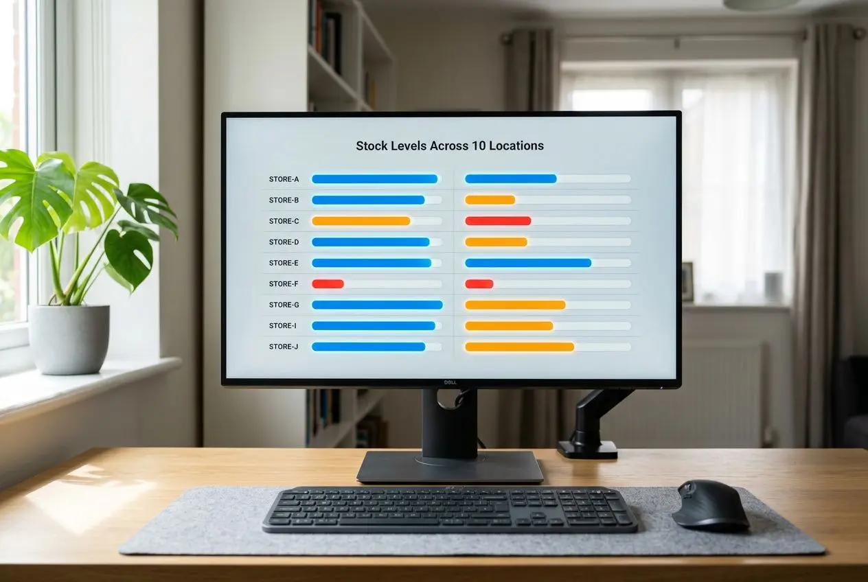 Afficheur d’ordinateur montrant des graphiques de stocks multi-sites sur fond de bureau lumineux, avec clavier et souris. logiciel gestion de stock intégré.