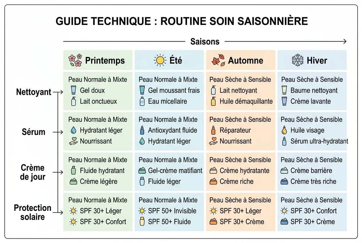 Guide technique : routine soin saisonnière avec tableaux par saison et catégories (nettoyant, sérum, crème jour, protection solaire) pour peau normale à mixte, sèche à sensible. routine beauté parfum et skincare intégré.