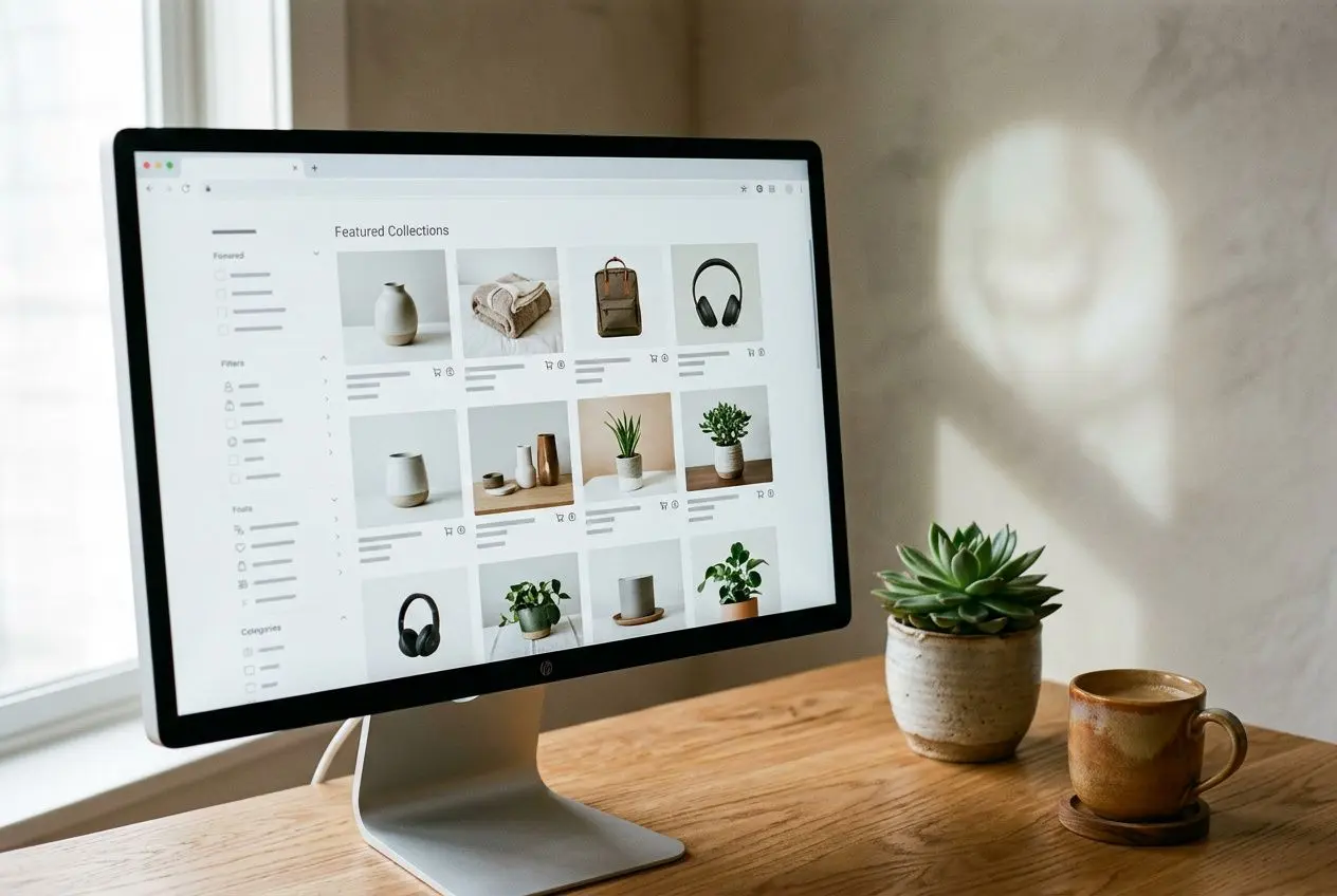 Ordinateur de bureau affichant une grille de produits sur une page e-commerce, tomette en bois et plante à côté sur le bureau. Optimiser catégorie de produits SEO intégré naturellement.