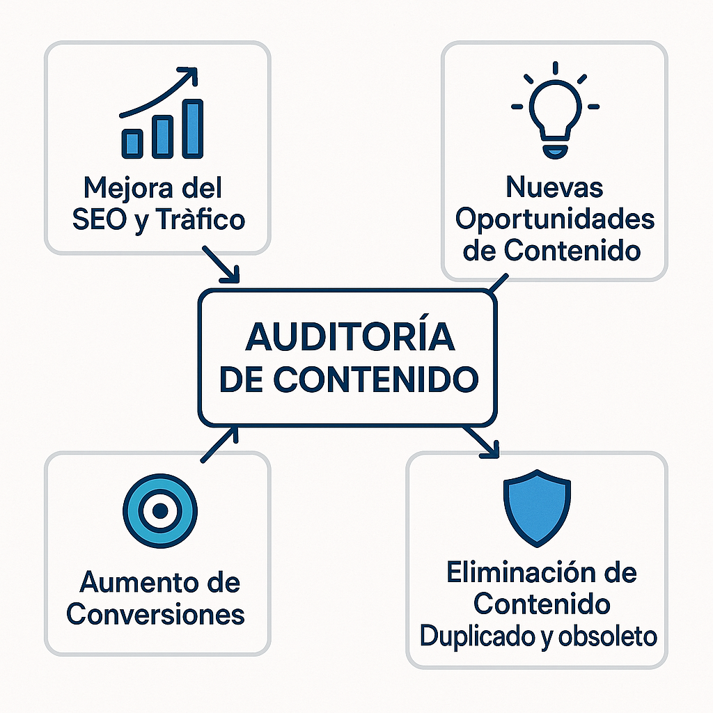 Diagrama que ilustra los cuatro beneficios principales de una auditoría de contenido: la mejora del SEO y el tráfico, el descubrimiento de nuevas oportunidades, el aumento de las conversiones y la eliminación de contenido perjudicial.