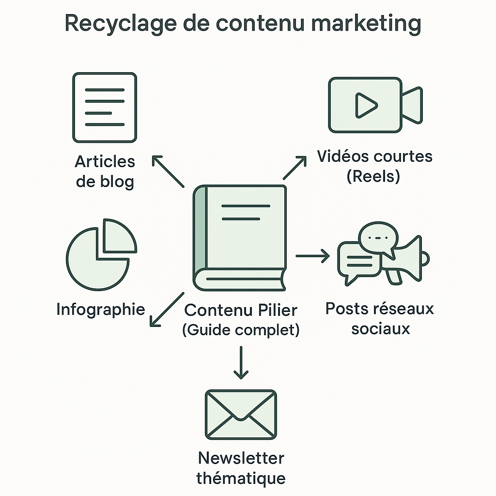 Schéma illustrant comment recycler un contenu pilier, comme un guide complet, en plusieurs formats : articles de blog, vidéos, infographie, et posts pour les réseaux sociaux.