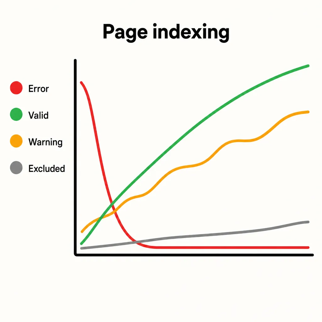 Simplified chart of the Google Search Console indexing report showing how error, valid and excluded pages evolve over time.