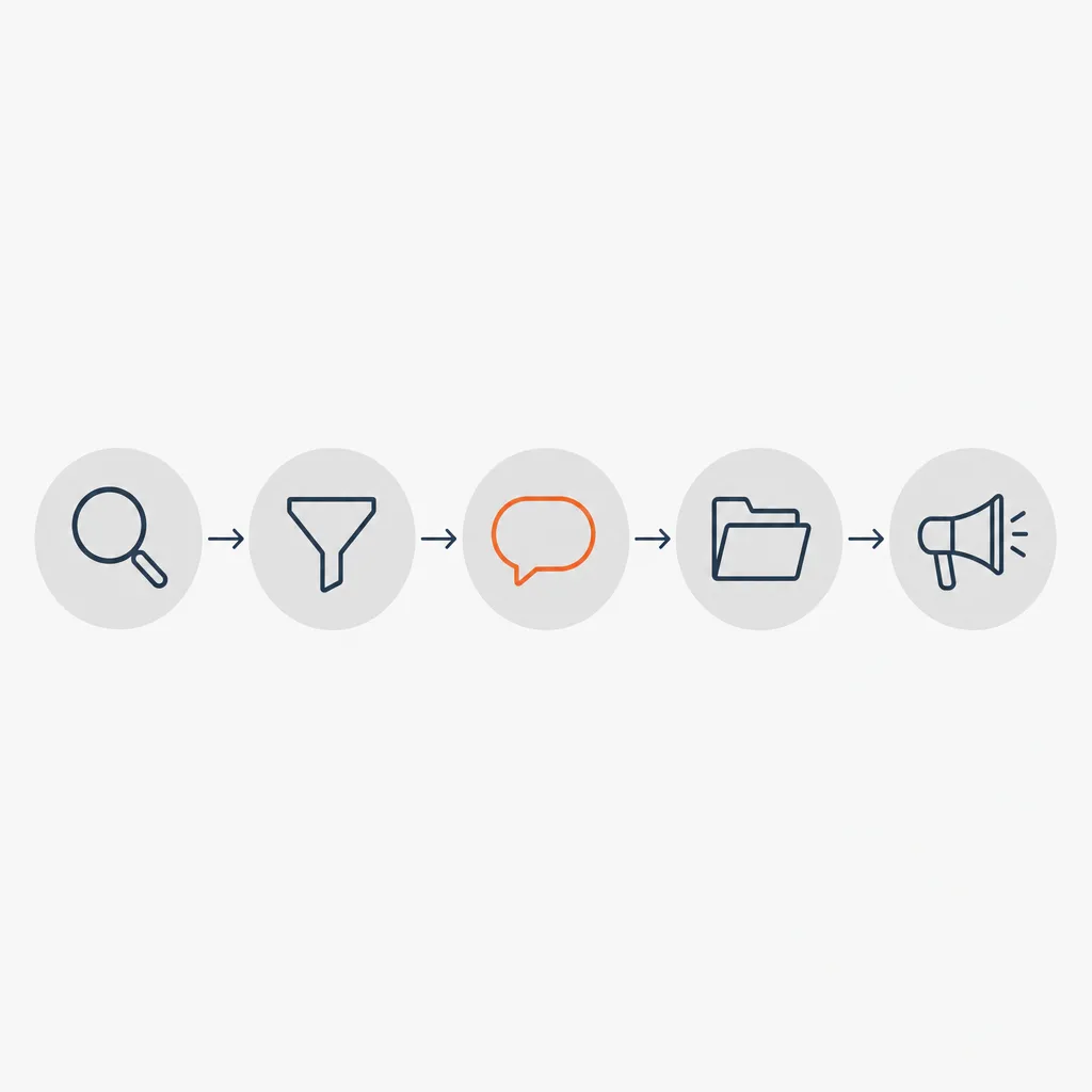 Schéma en cinq étapes de la curation de contenus : loupe, entonnoir, bulle, dossier et mégaphone reliés par des flèches.