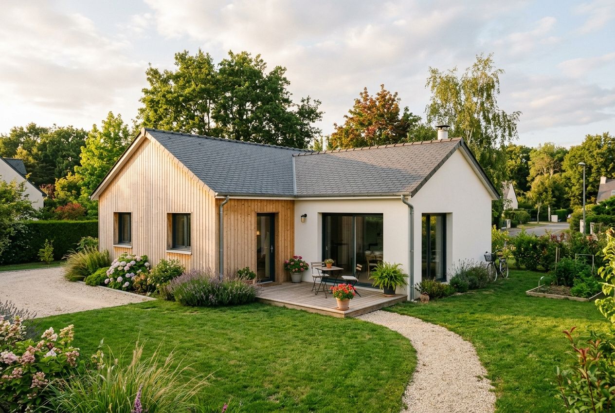 Maison moderne de plain-pied avec façade mixte bois et crépi, jardin verdoyant et allée gravillonnée. Construction maison 100 000 euros, clé en main possible.