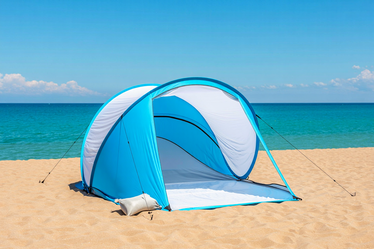 Tenda da spiaggia pop-up aperta in spiaggia
