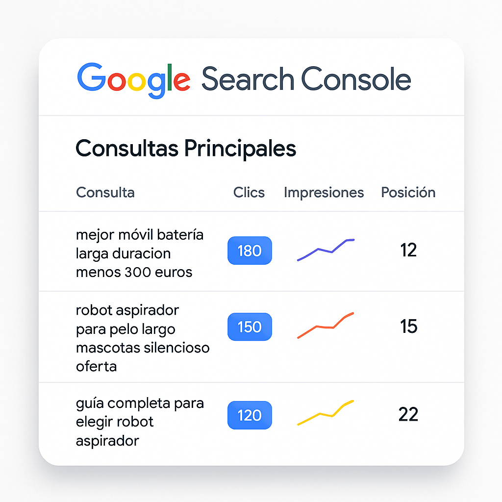 Maqueta de la interfaz de Google Search Console mostrando un informe de consultas con ejemplos de palabras clave de cola larga y sus métricas de clics, impresiones y posición, ilustrando oportunidades de optimización SEO.