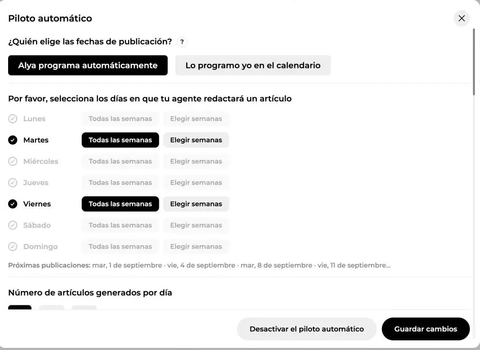 Ajustes del piloto automático: quién elige las fechas, días de la semana y artículos por día