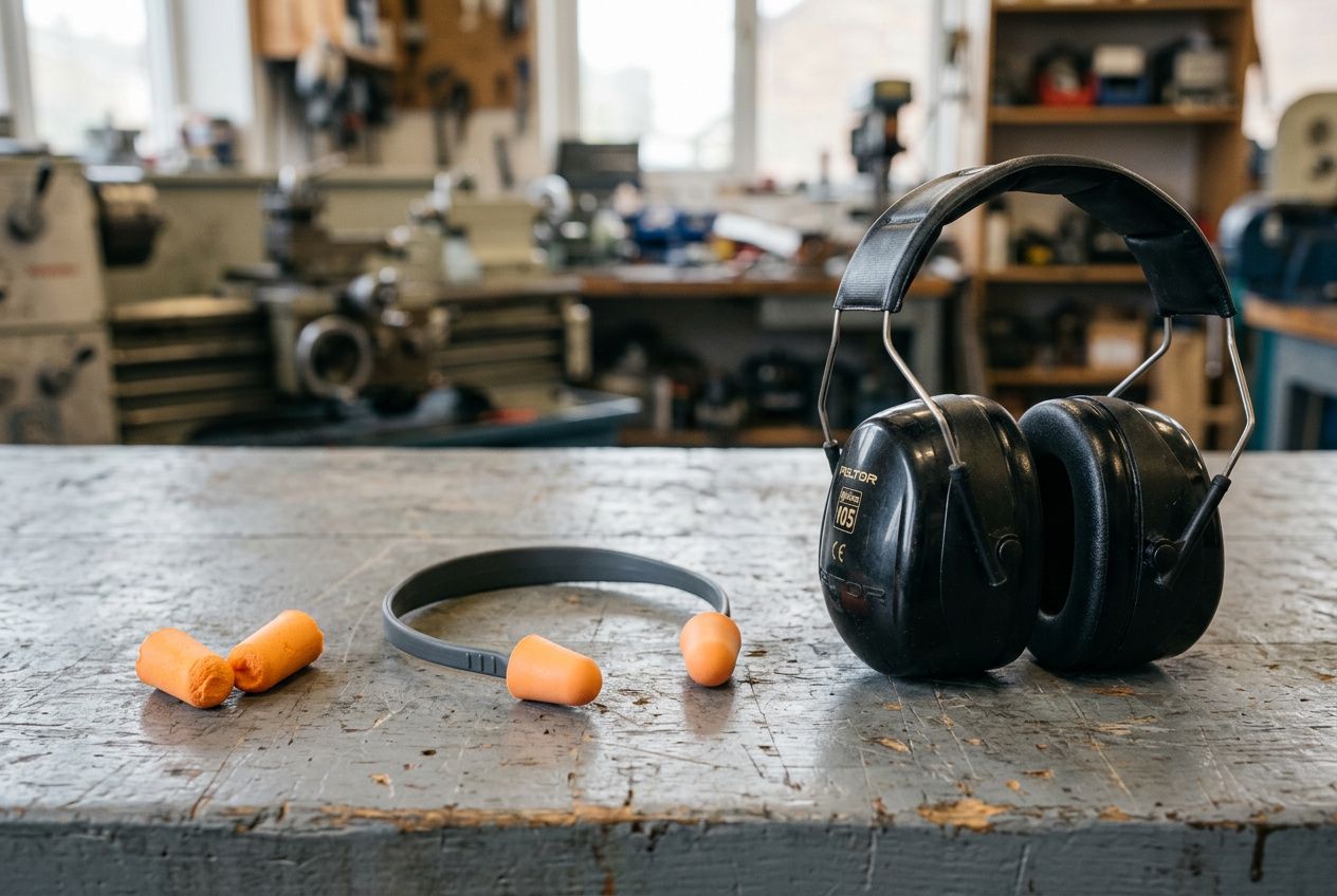 Casque antibruit et bouchons d’oreille sur un établi, image illustrant comment choisir sa protection auditive en milieu industriel.