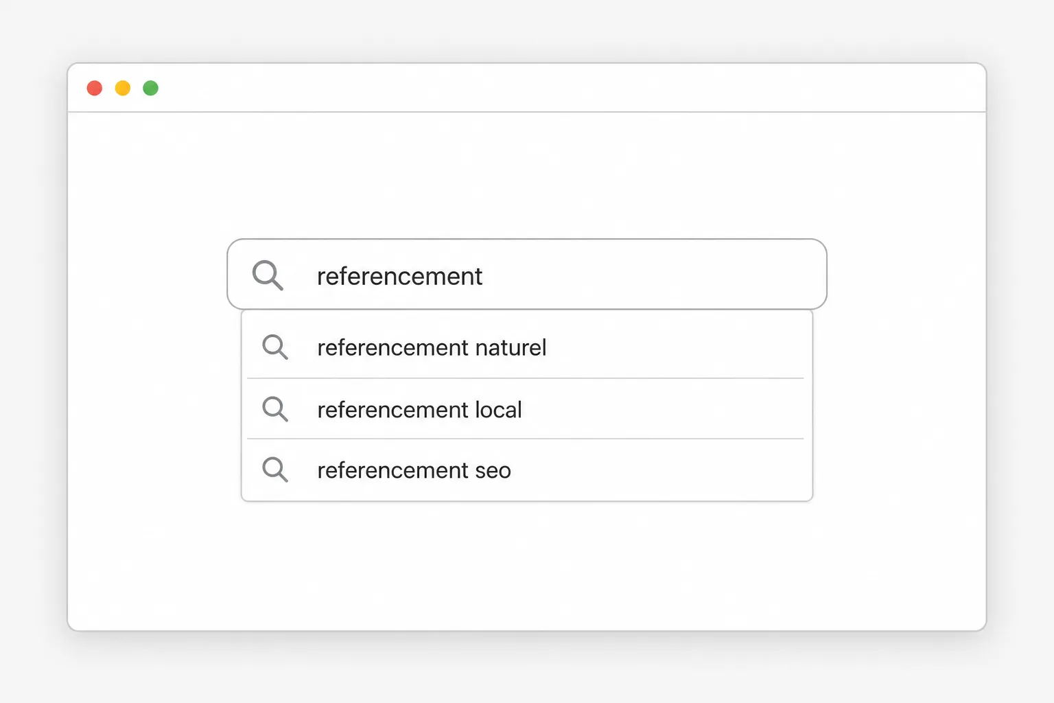 Fenêtre de navigateur montrant la saisie du mot « referencement » et trois suggestions automatiques listées sous le champ.