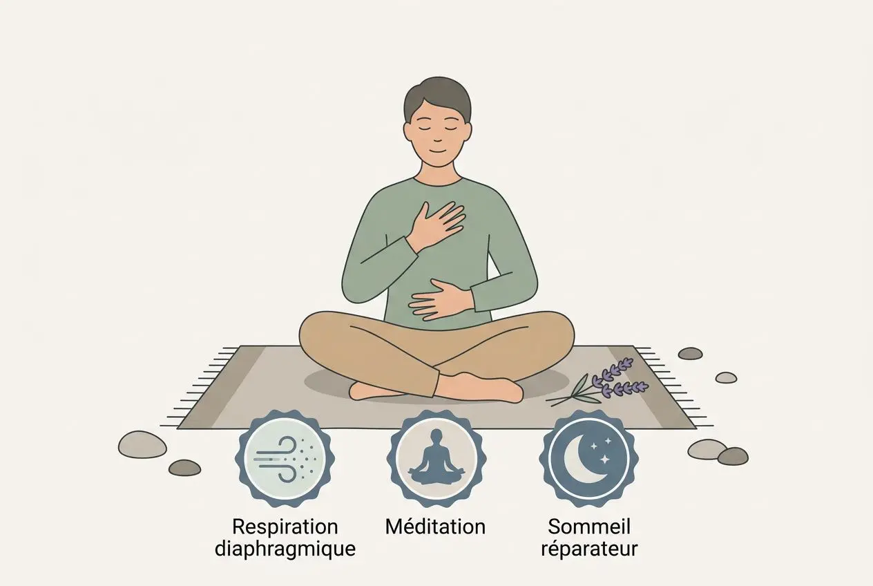 Personne assise en lotus sur un tapis, méditant, avec mains sur le cœur et le ventre; trois icônes en bas représentant respiration diaphragmatique, méditation et sommeil réparateur. Remède naturel stress.