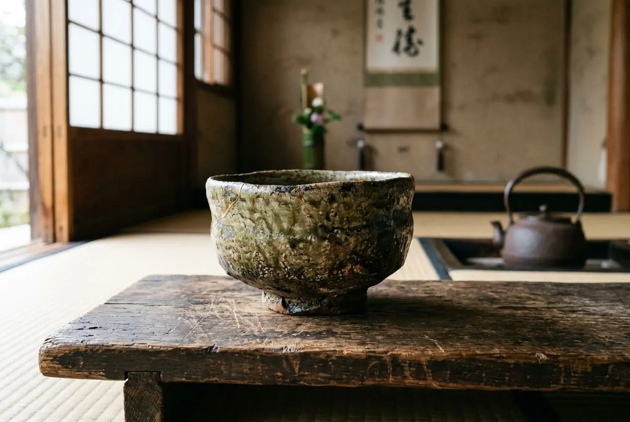 A rustic ceramic bowl with a rough glaze sits on a wooden table, evoking an example of wabi sabi in a traditional Japanese room.