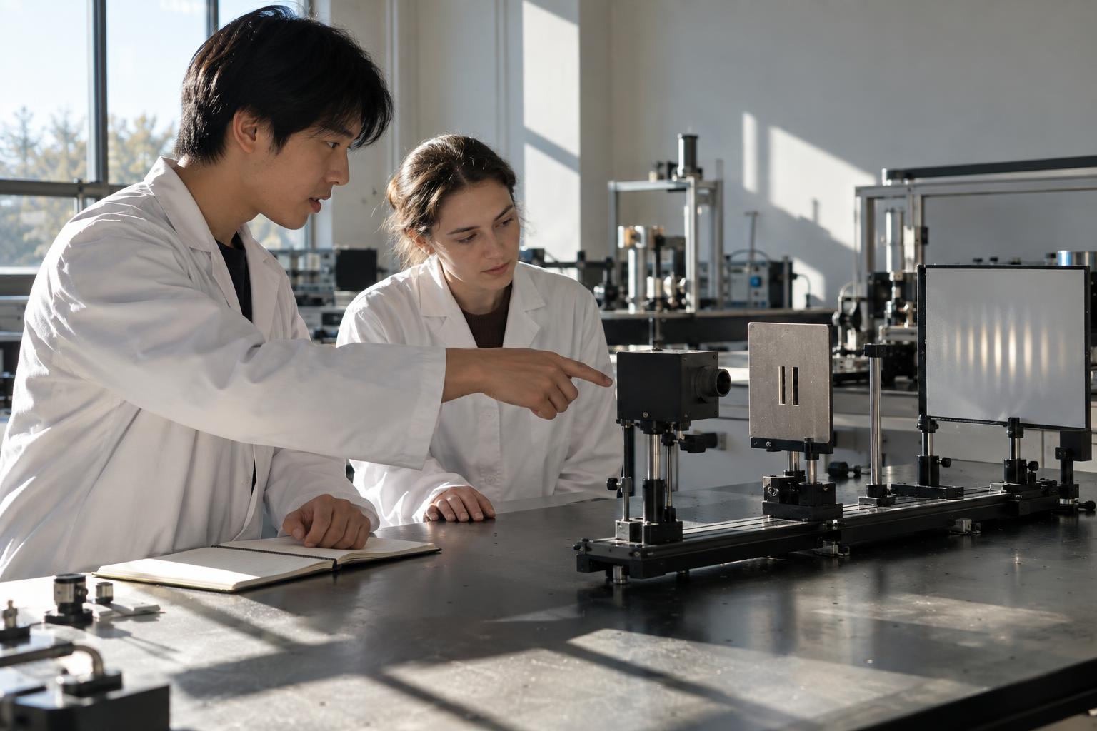 Deux chercheurs en blouse blanche examinant une machine expérimentale dans un laboratoire