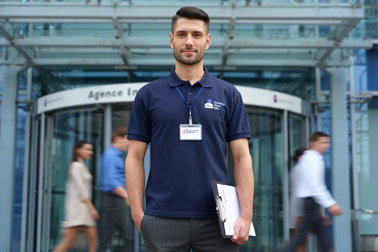 Homme debout devant une agence, polo bleu et badge, tenant un dossier; ambiance professionnelle et accueil. Agence intérim travailleur roumain.