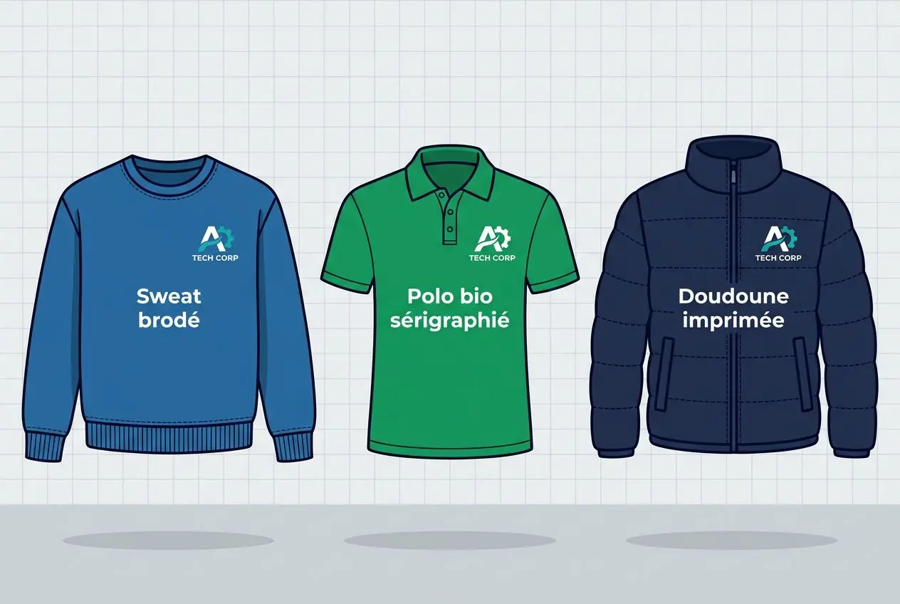 Trois vêtements d'entreprise: sweat bleu, polo vert sérigraphié et doudoune imprimée avec logo TECH CORP, sur fond gris. Texte intégré: comment renforcer l'image de marque d'une entreprise reste le contexte.