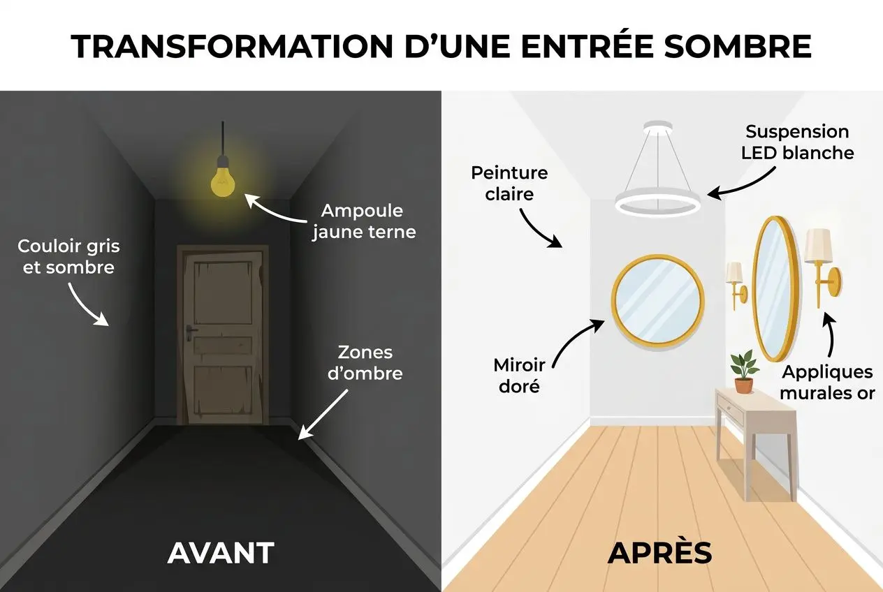 Transformation of a dark entrance: before/after, gray hallway, yellow bulb, shadow areas, and after suspended light fixture. Front page: ceiling light and wall sconces reflect in a golden mirror.
