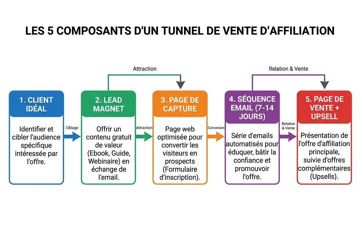 Les 5 composants d'un tunnel de vente d'affiliation : client idéal, lead magnet, page de capture, séquence email, page de vente + upsell. Incorporer "tunnel de vente affiliation" dans la description.