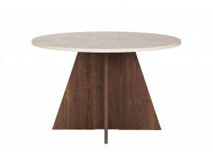 Table ronde avec plateau clair et socle pyramidal en bois foncé, meuble fonctionnel pour optimiser un petit espace studio.