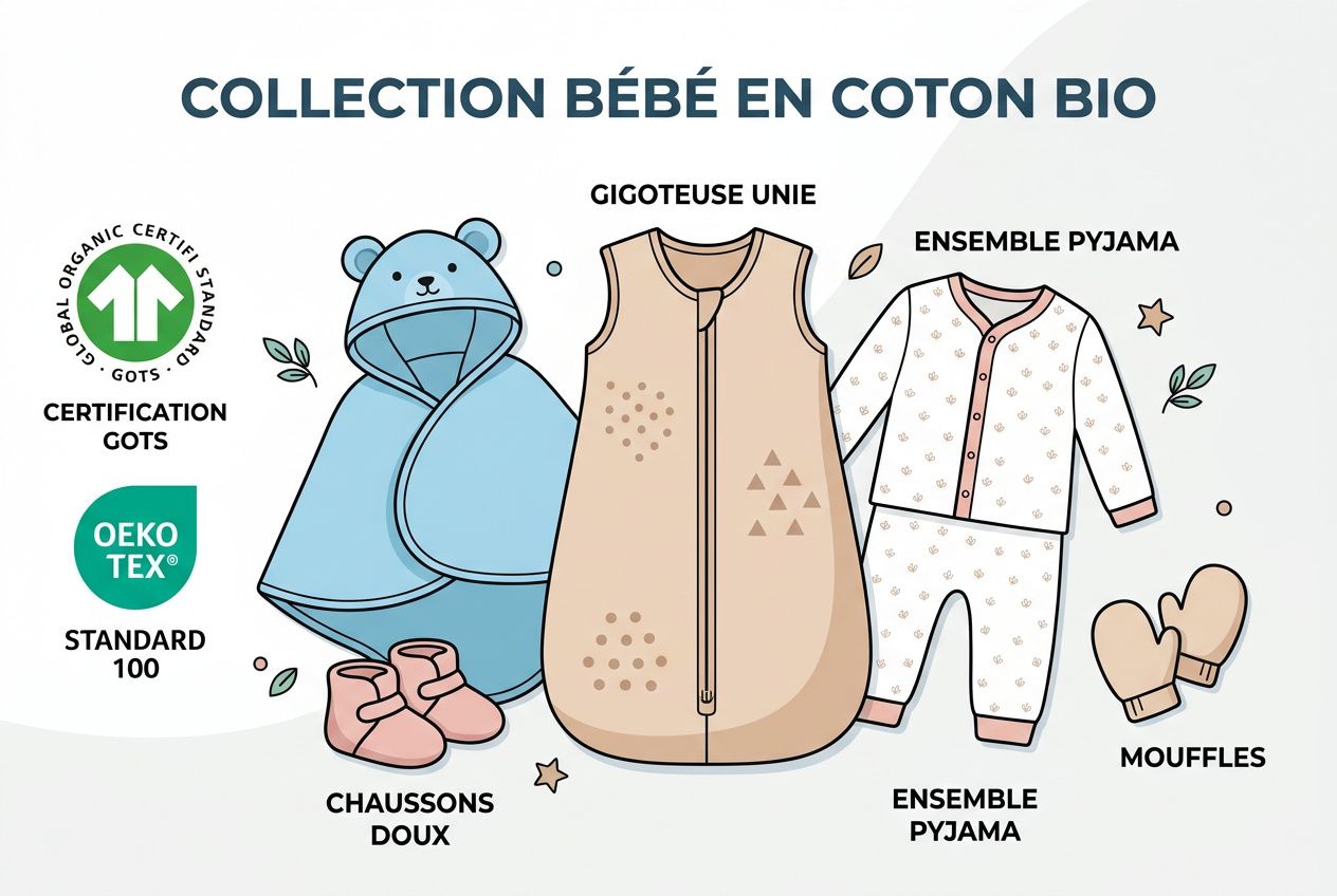 COLLECTION Bébé en coton bio: ensemble d’hiver et vêtements doux pour bébé, incluant chaussons, gigoteuse, pyjama et moufles. idée cadeau bébé original
