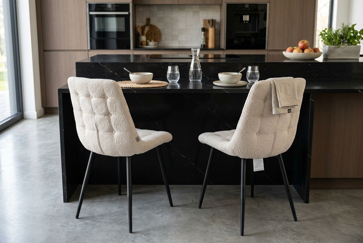 Chaise et tabouret de bar en tissu écru avec piètement noir autour d’une île de cuisine moderne, prête pour le repas.