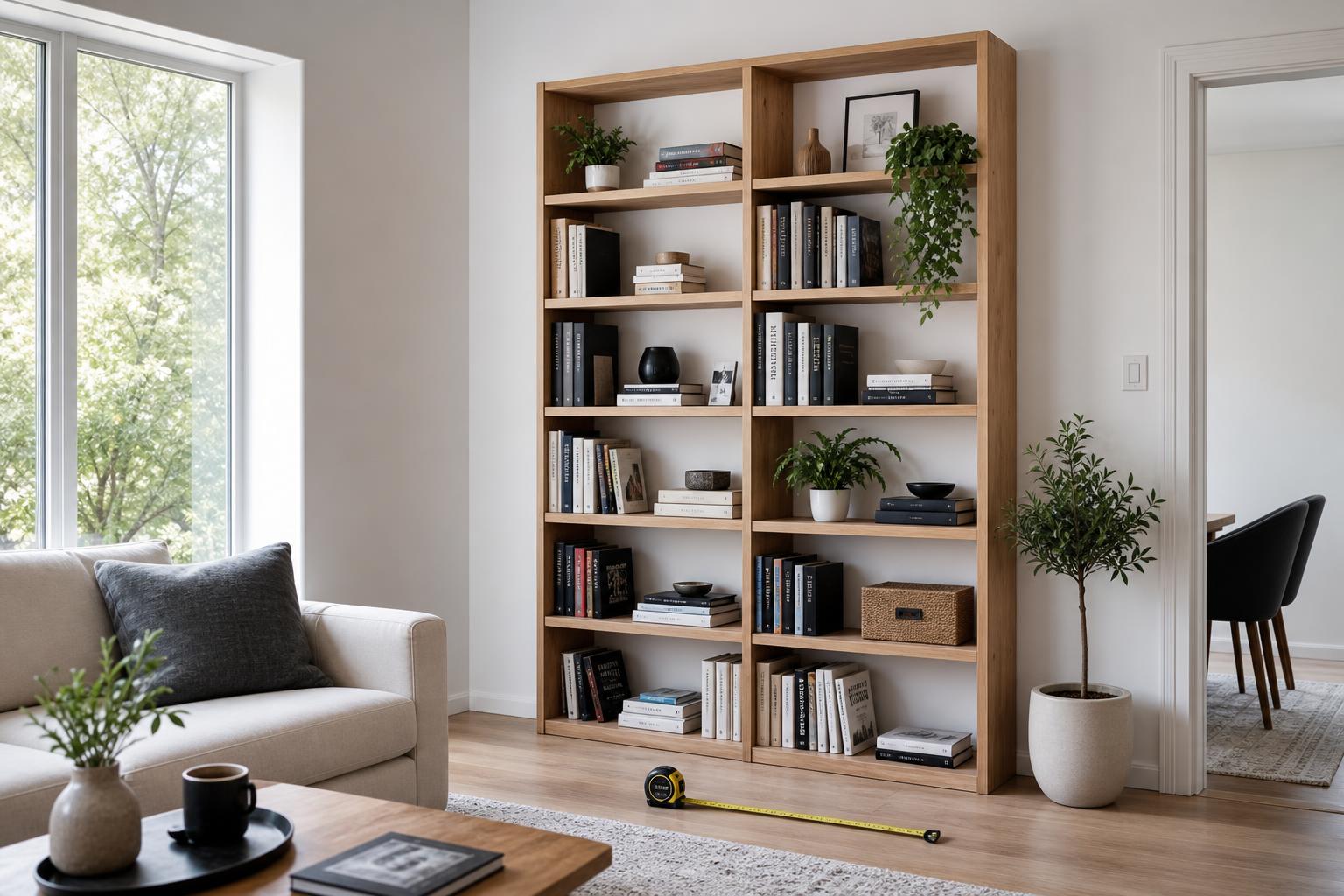 Bibliothèque en bois grande et ouverte dans un salon lumineux, avec plantes, livres et objets décoratifs.