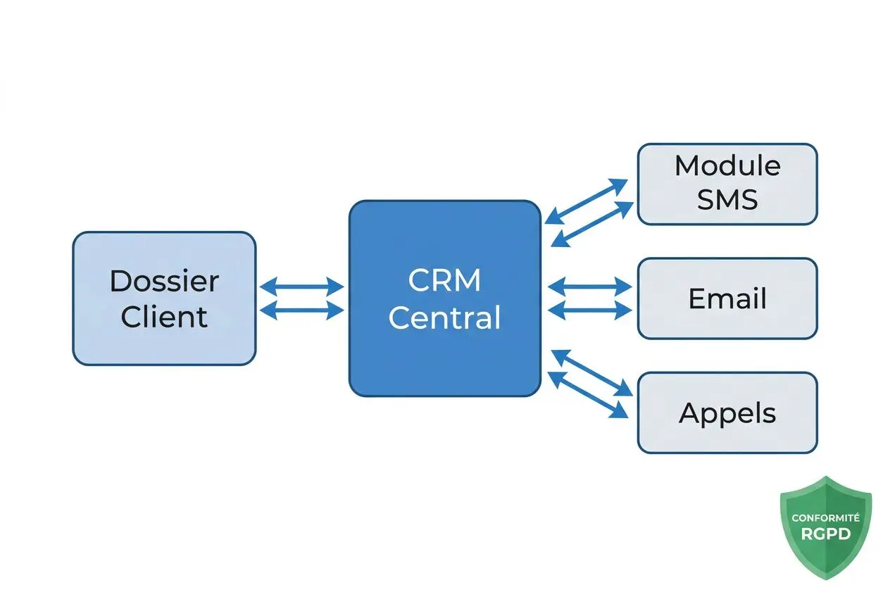 Diagramme montrant un CRM central connecté à un Dossier Client et à des modules externes (Module SMS, Email, Appels), avec flèches bidirectionnelles et badge RGPD. Inclut le CRM avec sms intégré comme sujet principal.