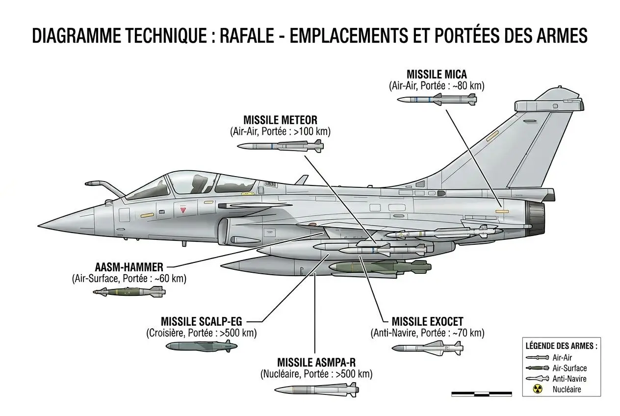 Diagramme technique montrant l’emplacement des armes et missiles du Rafale, avec missiles MICA, METEOR, ASMP-A et AS-HE, et leurs portées respectives. Armement des militaires français.