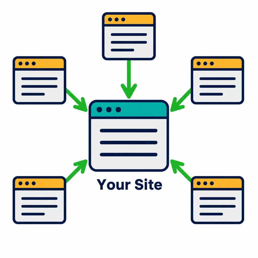 Illustration of link building: quality backlinks from external sites pointing to a main site to strengthen its authority.