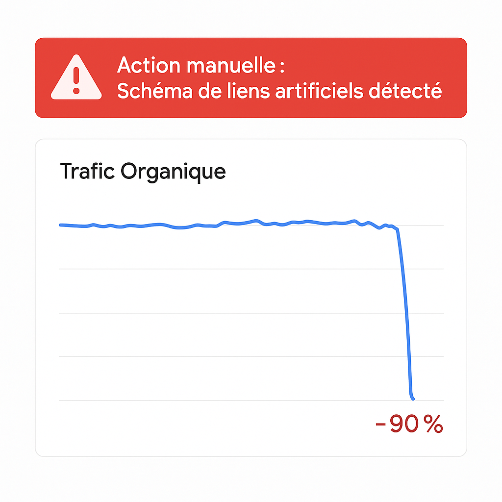 Illustration d'une pénalité manuelle dans Google Search Console pour liens artificiels, montrant une alerte rouge et une chute de trafic drastique.