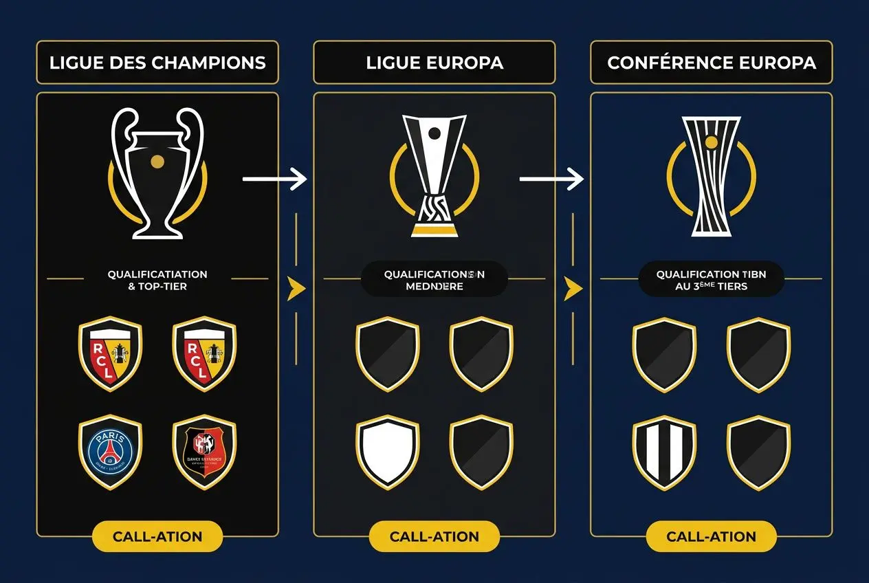 Diagramme illustrant les étapes de qualification européenne : Ligue des Champions, Ligue Europa et Conférence Europe. Pronostic Ligue 1 : analyses football, favoris et tendances 2026
