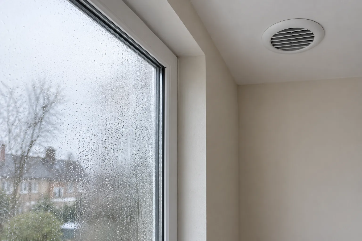 Vitre embuée et condensation visibles sur la paroi et autour d’une bouche de VMC au plafond.