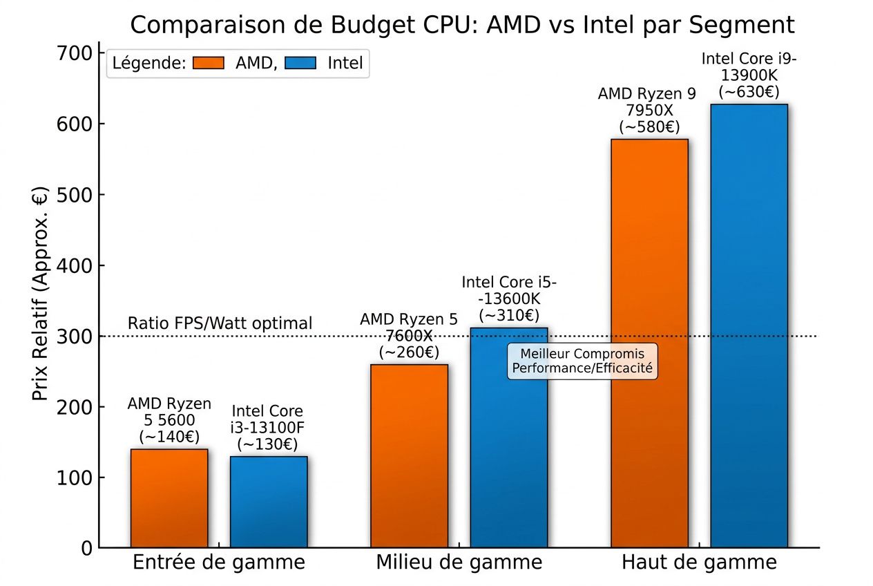 Comparaison de Budget CPU: AMD vs Intel par Segment, montrant les entrées de gamme, milieu et haut de gamme avec AMD en orange et Intel en bleu.