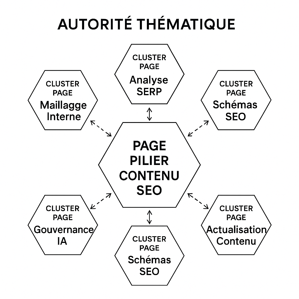Schéma d'autorité thématique montrant une page pilier 'Contenu SEO' au centre, liée à des pages clusters pour une couverture sémantique complète.
