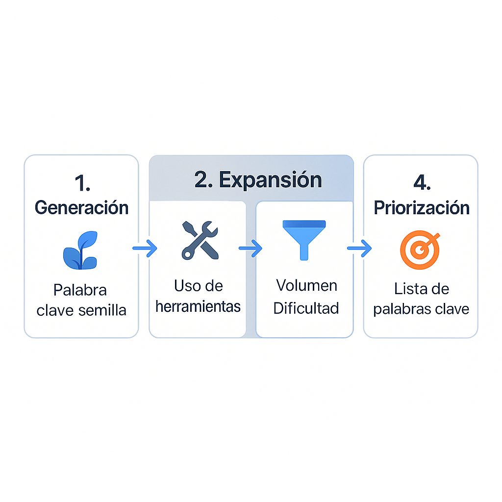 Flujograma del proceso de búsqueda de palabras clave en cuatro pasos: generación con una palabra semilla, expansión con herramientas, filtrado por volumen y dificultad, y priorización final.