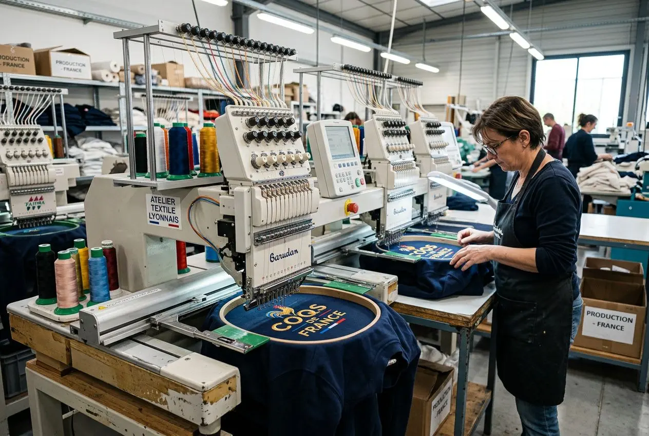 Sophie supervise une machine à broderie industrielle personnalisant un sweat bleu, avec écheveaux de fil et accessoires autour. broderie sweat personnalisé.