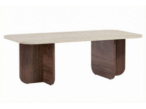 Table basse design en bois clair avec pieds courbés, côté gauche et droit visibles. comment choisir table basse salon intégré naturellement.