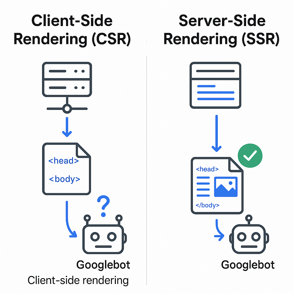 Schéma comparant le Client-Side Rendering, où Google reçoit une page vide, et le Server-Side Rendering, où Google reçoit une page HTML complète et peut l'indexer directement.