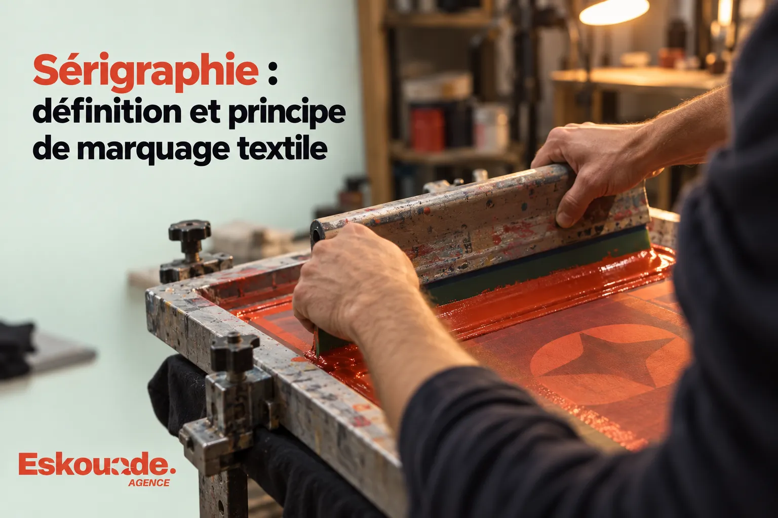 Une personne utilise une presse à sérigraphie pour appliquer de l'encre rouge sur un support.