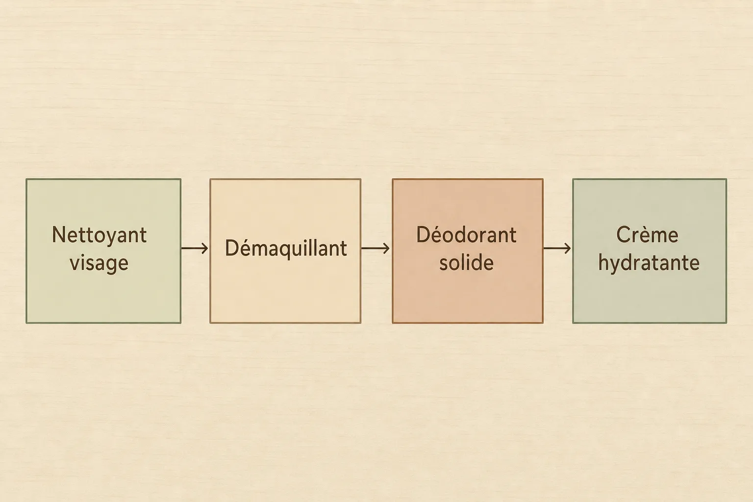 Schéma de routine soin visage : nettoyant, démaquillant, déodorant solide et crème hydratante sur fond clair. Cosmétique 100% naturel et bio.