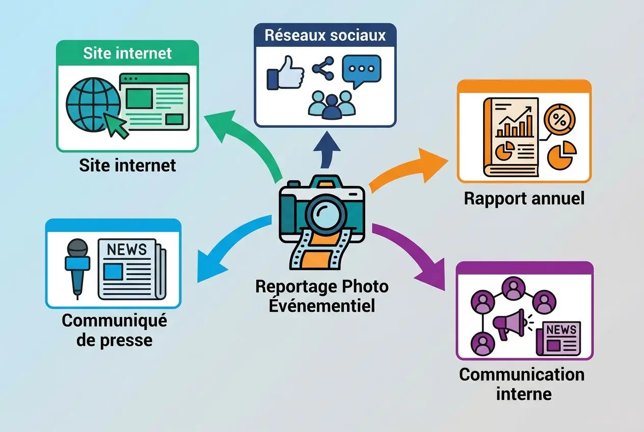 Ajout d’un photo reportage événementiel montrant un appareil photo entouré d’icônes: site web, réseaux sociaux, rapport annuel, communication interne et communiqué de presse.