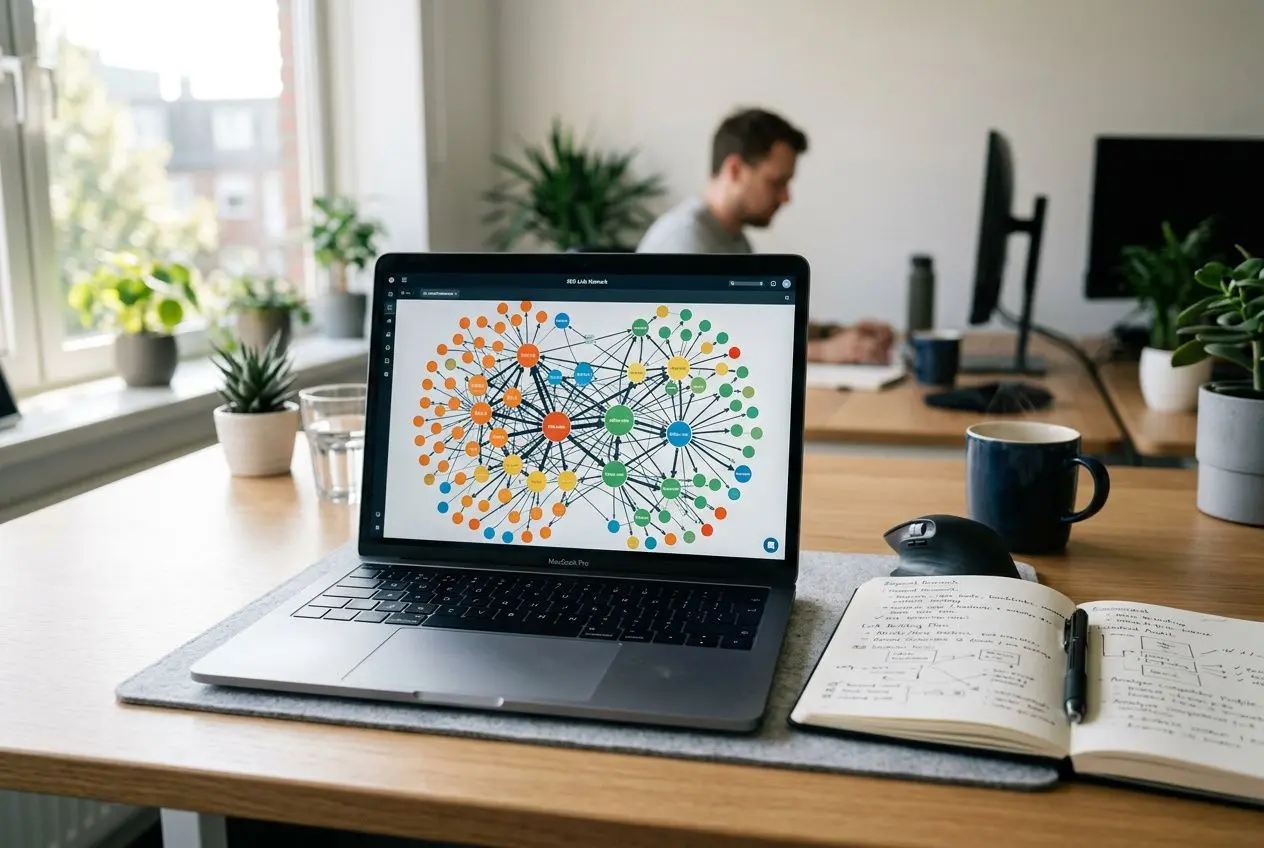Université? Non. Un agent IA Maya sur un laptop montrant un réseau de liens, sur un bureau avec carnet et tasse, prêt pour une campagne netlinking.