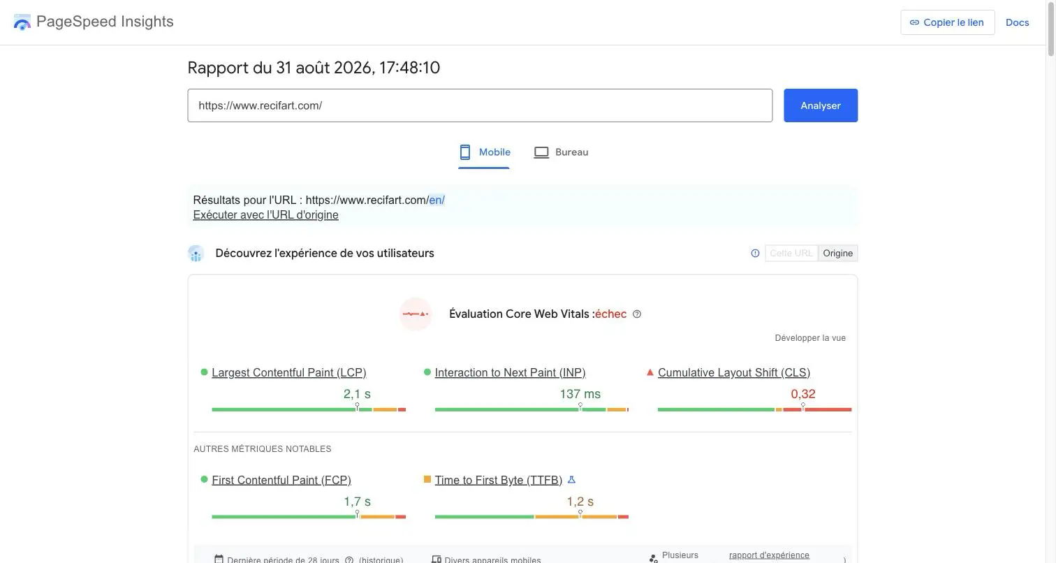 Rapport PageSpeed Insights mobile : évaluation Core Web Vitals en échec avec LCP 2,1 s, INP 137 ms et CLS 0,32