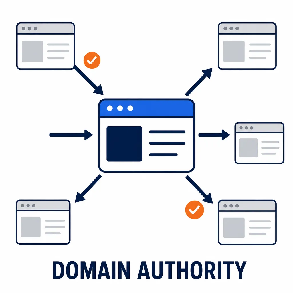 Diagram of domain authority: a central website receiving backlinks from other sites, shown as votes of confidence.